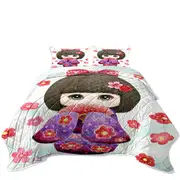 Cute Japanese Girl Wearing Kimono and Folding Fan Coverlet