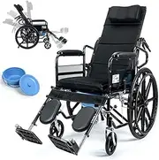 Wheelchair Reclining Wheelchair W/Flip Up Arms Multifunctional Steel Bedside Commode Toilet Chair Fully Lying Manual Wheelchair Hydraulic Adjustable for Adults Handicap Elderly Driving Trolley