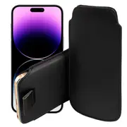 MEZON Apple iPhone 14 Pro Max (6.7") Pull Tab Slim Faux Leather Pouch Sleeve Case – Shock Absorption – Black