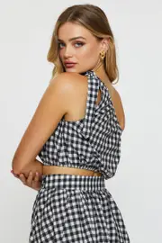 Check Crop Top One Shoulder Linen - Size L, Women's Crop Top