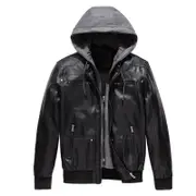 Nevenka Mens PU Leather Jacket with Removable Hood Fleece Lined Coat-Black
