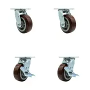 5 Inch Polyurethane Swivel Caster Set with Ball Bearings 2 Brakes Service Caster