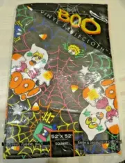 Boo Halloween Vinyl Tablecloth Orange Black Ghosts, Spiders and Webs 52x52 NEW