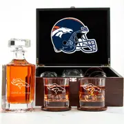 Denver Broncos - Engraved Football Whiskey Decanter and 2 Glasses In Wood Box