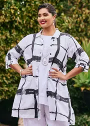 [TS] Taking Shape Linen Bamboo Longline Shirt Size 12 in Black / White Check - Plus Size Women's Clothing Black / White Check
