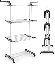 Foldable Laundry Drying Rack, Large 4-Tier Clothes Drying Rack, Standing Cloth Drying Stand with 4 castors for Indoor Clothes Drying, Shoes, Blanket, Movable Drying Rack for Bed Linen Grey