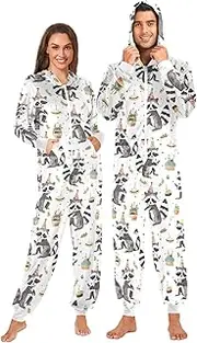 [ZZXXB] Raccoon Birthday Cake Onesie Pajamas for Adult Women Men Long Sleeves One Piece Onesies Hooded Sleepwear S - XL