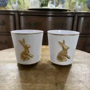 Lovely Pair Metal Toleware Gold & White Bunny Cachepots Planters Jayes Studios