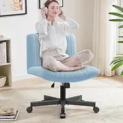 Cross Legged Desk Chair-Wide Seat Fabric Armless Chair Cloth Surface with Wheels, and Upholstered Cushioned Seat,Swivel Desk Chair for Home, Make Up, Bedroom Computer Task Chair, Light Blue