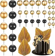 Pinenuts 37 Pcs Balloon Cake Topper, Black and Gold Ball Cake Decorations Mini Foam Balls Cupcake Topper Balloon Cake Picks for Birthday Wedding Anniversary (Black)