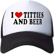 [Generic] Vintage Retro Style Throwback 80's Novelty I Love (Heart) Titties and Beer Funny Trucker Baseball Cap Hat Gag Gifts Snapback Hat Drinking Joke Baseball Cap for Men Women BLACK and WHITE, Black
