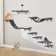 Sobly Wall-Mounted Cat Climber Set with Climbing Shelves, Perches, Bridge,Hammock,Scratching Board & Ball - 7 Pcs Wood Indoor Cat Furniture for Kittens Play (Dark Grey)