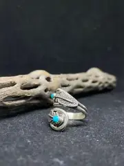 Navajo sleeping beauty turquoise Sterling Silver feather-adjustable Ring Size 8