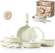 Gourmetific Cookware Set with Ceramic-Coating for Healthy Cooking, Nonstick Maifan Gourmetific Cookware Set Stackables 5/9/11/15/17 Items, Dishwasher Oven Safe Kitchen Set (9 Pcs)