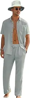 [EISHOPEER] Men's Linen Sets 3 Pieces Casual Button Down Cotton Linen Shirt and Long Pants Set Beach Outfits with Hats S-3XL