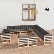 13 Piece Patio Furniture Set, Garden Lounge Chairs for Outdoor Conversation, Small Pinewood Balcony Seating, Table & Wicker Accents