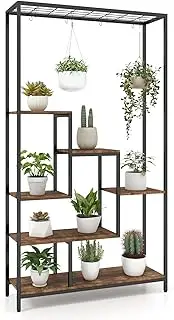Costway 6-tier Tall Plant Stand, 180 CM Metal Indoor Plant Shelf w/ 10 Hanging Hooks & Wire Shelf for Multiple Plants, Multipurpose Plant Display Rack for Balcony, Living Room, Black (Black + Rustic Brown)