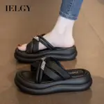 IELGY 黑色涼鞋女夏季水鑽厚底交叉設計