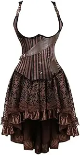 [FAWENLI] Fashion Gothic Corset Dress For Women Vintage Steampunk Pu Leather Underbust Corsets Vest With Floral Lace Ski