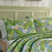NEW! ~ COZY TROPICAL COASTAL BLUE PINK GREEN PALM LEAF TREE BEACH CHIC QUILT SET