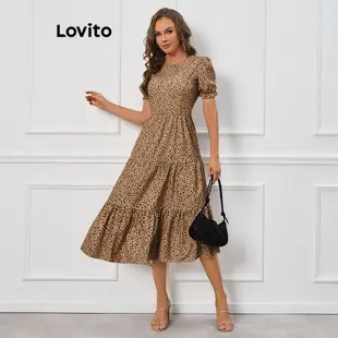 Lovito 女款休閒點點疊層泡泡袖連身裙 LBL09351