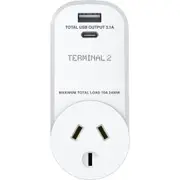 Terminal 2 Outbound Travel Adaptor with USB-A and USB-C Ports Europe