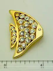 Signed Lia Lianna Vintage 1980s Gold Tone Clear Crystal Fish Pin Brooch New