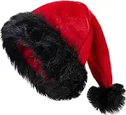 Red Black Santa Hat for Adults, Plush Santa Hats Velvet Christmas Hat for Home Decoration Party Supplies