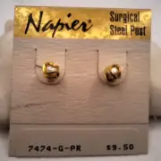Vintage Napier Goldtone wired Caged Faux Pearl Surgical Steel Stud Earrings
