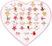 36 pcs Little Girl Adjustable Rings Box, No Duplication, ren Jewelry Rings Set with Heart Shape Display Case, Girl Pretend Play and Dr up Rings for Assorted Color One Size