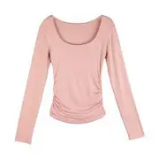 Long-Sleeve Scoop Neck Plain Slim Fit T-Shirt Pink - M