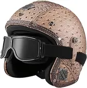 Motorcycle Leather Half Face Helmet Motorcycle Half Helmet with Goggles Retro Open Face Helmet with Adjustable Quick Release Buckle DOT/ECE Approved Half Shell Helmet