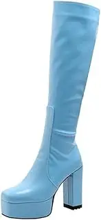 [HOTRA] Knee High Boot Heels Shiny Chunky Heel Square Toe Boots Sexy Zipper Platform Stretchy Combat Boot for Petite Women