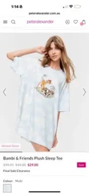 NEW PETER ALEXANDER DISNEY BAMBI THUMPER RABBIT SLEEP TEE NIGHTIE XS/S $99.99