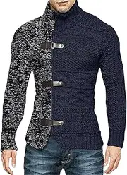 [SWJGLITTR] Men's Color Block Turtleneck Cardigan Winter Knitted Cardigan Sweaters for Men Long-Sleeved Slim Fit Button Cardigans, Navy Blue, Medium