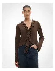 [Witchery] Ruffle V Neck Blouse in Cocoa