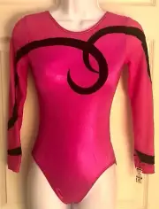 GK LgSLV LADIES SMALL PINK FOIL MESH BLACK RIBBON GYMNASTICS DANCE LEOTARD Sz AS