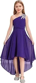 [Raenseen] One Shoulder Flower Girl Dress for Wedding Kids Sparkly Ruched High Low A Line Maxi Dancing Costume