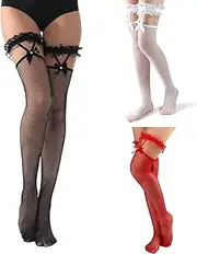 [Amexo] 3 Pairs Fishnet Stockings with Lace Top Bows Thigh High Hold-Up Stockings for Women Fishnet Stockings Bow Women's Thigh High Suspender Stockings Hold-Up Fishn, Black + White + Red, One size