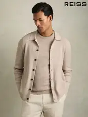 Reiss Oatmeal Melange Saint Fine-Ribbed Button-Through Cardigan (AU6652) | $295