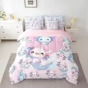 Cute Axolotl 7 Piece Bedding Set Twin Size Cartoon Salamander Comforter Set with Sheet Set, Pillowcases & Pillow Covers Adults Kawaii Ocean Sealife Bed in a Bag Light Pink Blue All Season Soft