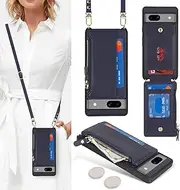 Cavor for Google Pixel 7a Case Wallet with Strap, Pixel 7a Leather Zipper Pocket Card Holder - Blue