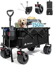 Hikenture Wagon Cart Foldable, Beach Wagon with Big Wheels for Sand, 150kgs Large Capacity Folding Wagon, Heavy Duty Utility Collapsible Trolley for Groceries, Beach (135L Wagon with Side Pocket)