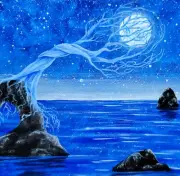 Original 5x7in, Blue Seascape, Surrealism, Tree Holding Moon Art by Jasmine Star