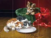 Kittens with Saucer of Milk Tile Mural Bathroom Wall Backsplash Marble Ceramic