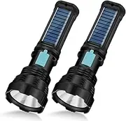 Led Solar Flashlight, 1500 Lumens Led Solar Handheld Rechargeable Flashlights with IP65 Waterproof, 2000mAh Battery for Survival Emergencies Camping (2 Packs)