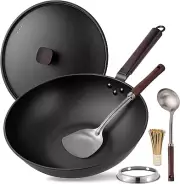 Carbon Steel Wok Pan - 12.9” Wok Pan with Lid, Woks & Stir-Fry Pans, No Chemical