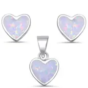 Lab Created White Opal Heart Shape .925 Sterling Silver Earring & Pendant Set