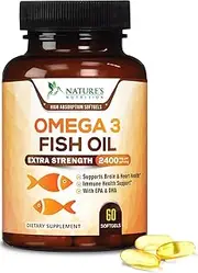 Omega 3 Fish Oil Concentrated Triple Strength 2400mg - EPA & DHA Fatty Acids Capsules, Non-GMO, Best Fish Oil Supplement by Nature's Nutrition, Lemon Flavor - 60 Softgels