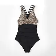 Black Leopard V-Neck One-Piece Swimsuit Sexy Crisscross Back Women Girls Beach Bathing Suits Swimwear